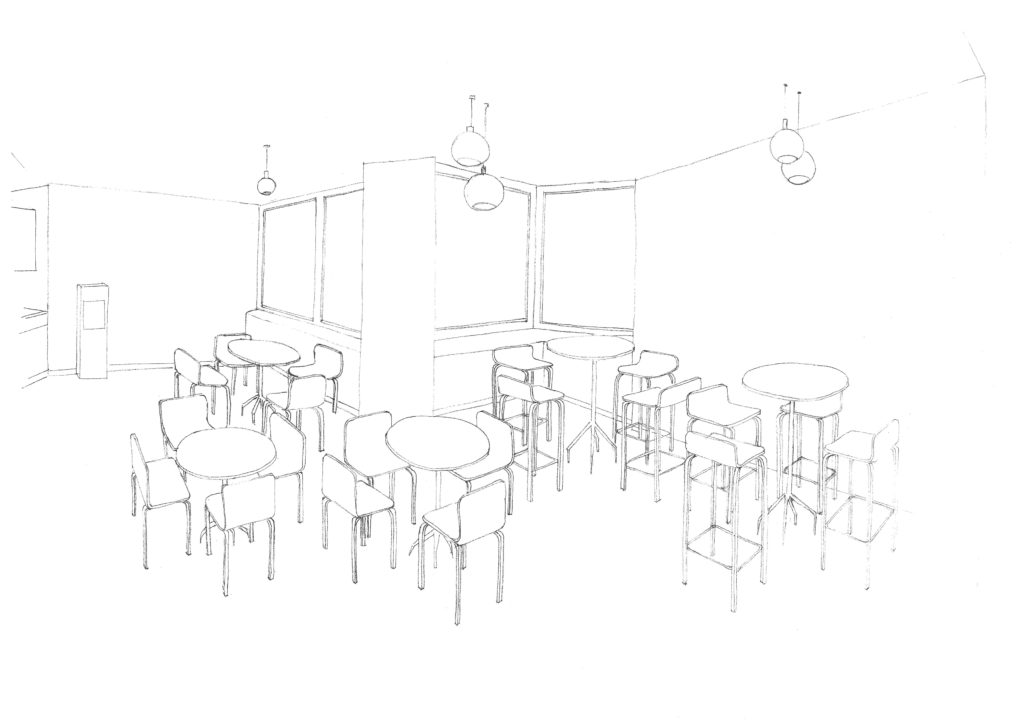 Le mobilier de deux hauteurs différentes ainsi que les luminaires suspendus à des niveaux différents animent visuellement l'espace de cette petite cafétéria d'entreprise. Les tables ainsi que les luminaires de formes arrondies contrastent avec la forme angulaire de l'espace.
