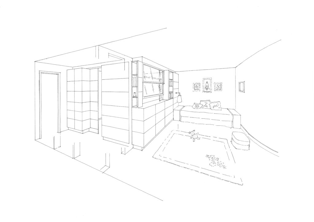 Dans cette variante, une cloison semi-vitrée avec rangements incorporés sépare les deux espaces de la chambre. Tous les rangements se trouvent dans la chambre.